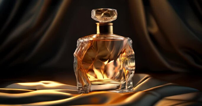 Elegant perfume bottle on silky dark background. Luxurious appeal, perfect for high-end ad campaigns and social media. Rich brown hues. Luxury and branding