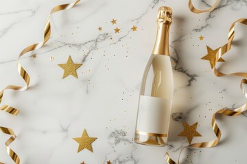 Champagne bottle with glittering confetti stars. A celebratory cava bottle surrounded by ribbons, and baubles on a color background, depicting festivity and luxury. Great design for postcard, banners - obrazy, fototapety, plakaty