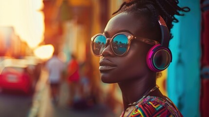 In a dynamic urban backdrop, a fashionable woman dons colorful headphones capturing a moment of joy in a bustling city life