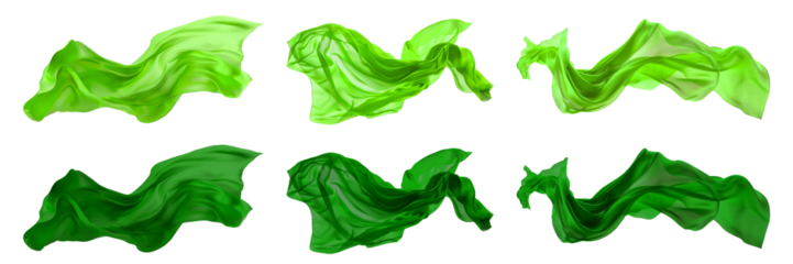 2 Collection set of dark light green lime long silk satin cloth fabric floating flying in the air on transparent background cutout, PNG file. Mockup template for artwork graphic design
