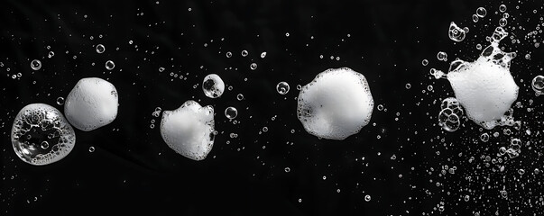 Set foam soap bubble isolated on light black background top view.
