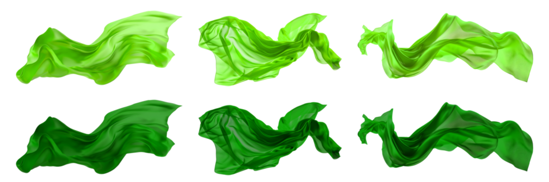 2 Collection set of dark light green lime long silk satin cloth fabric floating flying in the air on transparent background cutout, PNG file. Mockup template for artwork graphic design