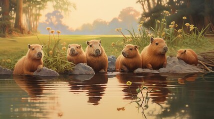 A group of capybaras lounging lazily by a lush riverside, with one capybara partially submerged in the water, reflecting a tranquil and sociable wildlife scene, ideal for nature and animal themes - obrazy, fototapety, plakaty