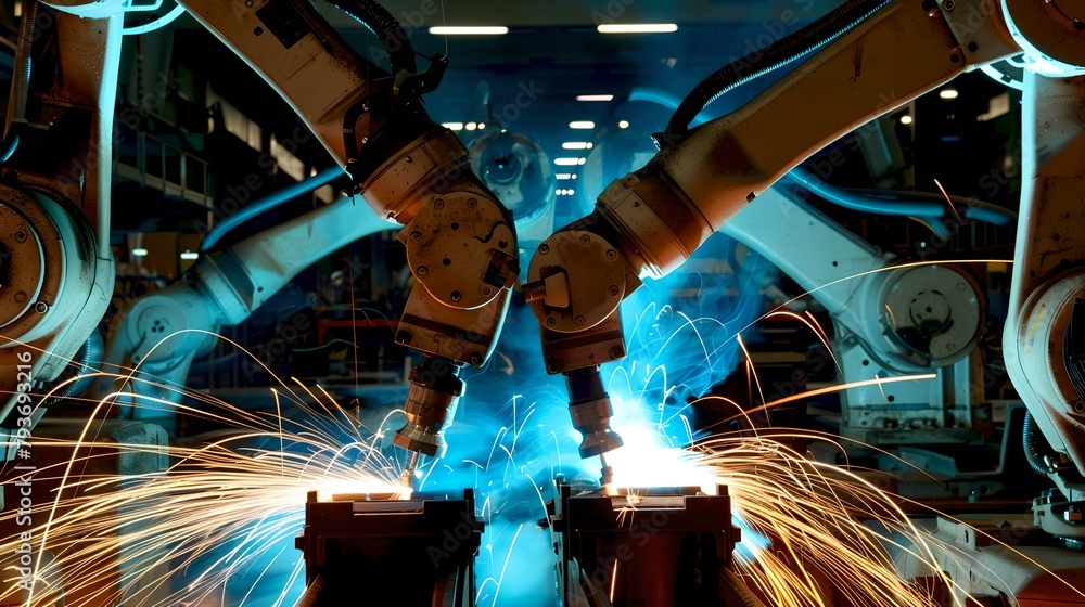 Poster dynamic industrial robots at work in factory setting. automated machinery sparking during manufactur