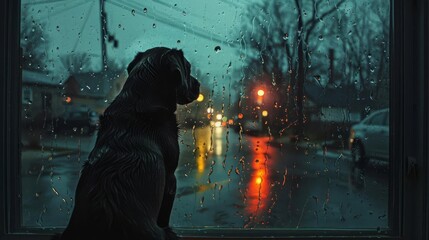 Through the rainspeckled window pane, a familiar suburban street glistens under streetlamps, the silhouette of a wagging tail betraying the presence of an eager pup awaiting its owners return - obrazy, fototapety, plakaty