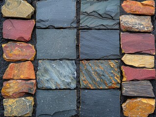 Square tiles in slate and vibrant colours neatly arranged.