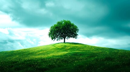 Fototapeta premium landscape of green hill and a tree, background 