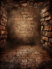 Dimly lit stone brick room with an ancient, medieval look.