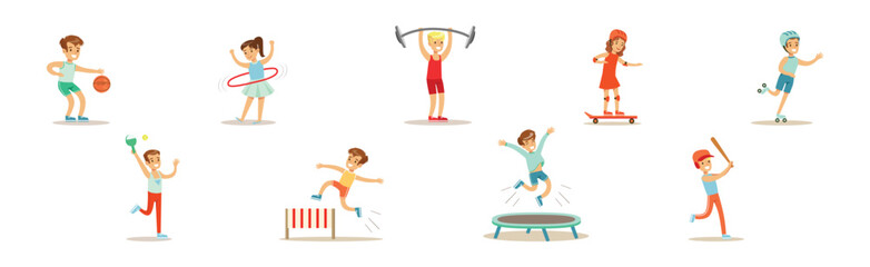 Happy Children Playing Sport Game and Doing Physical Exercise Vector Set