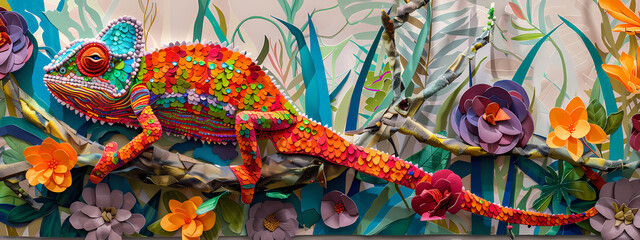 Naklejka premium Nature's Palette: The Paper-Breaking Chameleon