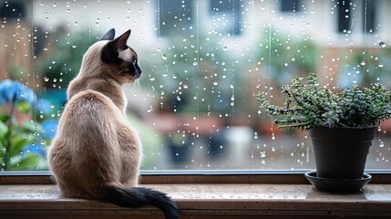 Lonesome Siamese cat gazing outside rainstreaked window, awaiting owners return, tail swishing with anticipation - obrazy, fototapety, plakaty