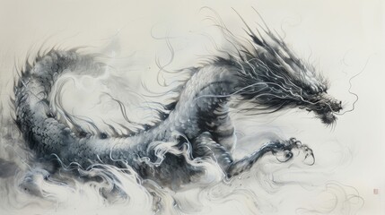 A dragon is depicted in a painting, with its tail curled up and its head held high