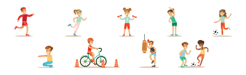 Happy Children Playing Sport Game and Doing Physical Exercise Vector Set