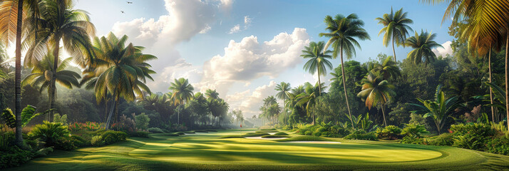 A green golf course in the tropics surrounded by palm trees and sand. for conveying the precision and elegance of the golfing lifestyle - obrazy, fototapety, plakaty