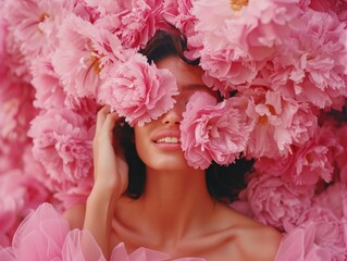 A feminine depiction with a faceless woman amongst vibrant pink blooms, embodying beauty and mystery