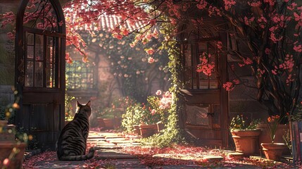 Framed by a halfopen Dutch door onto a lush English gardens blooming pathways, buttery sunrays dapple a cherry blossom canopy while the distinct tabby spiral of a curled feline form radiates tranquil - obrazy, fototapety, plakaty