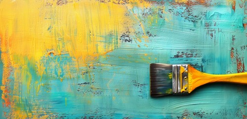 Paintbrush on abstract blue, yellow and turquoise background.