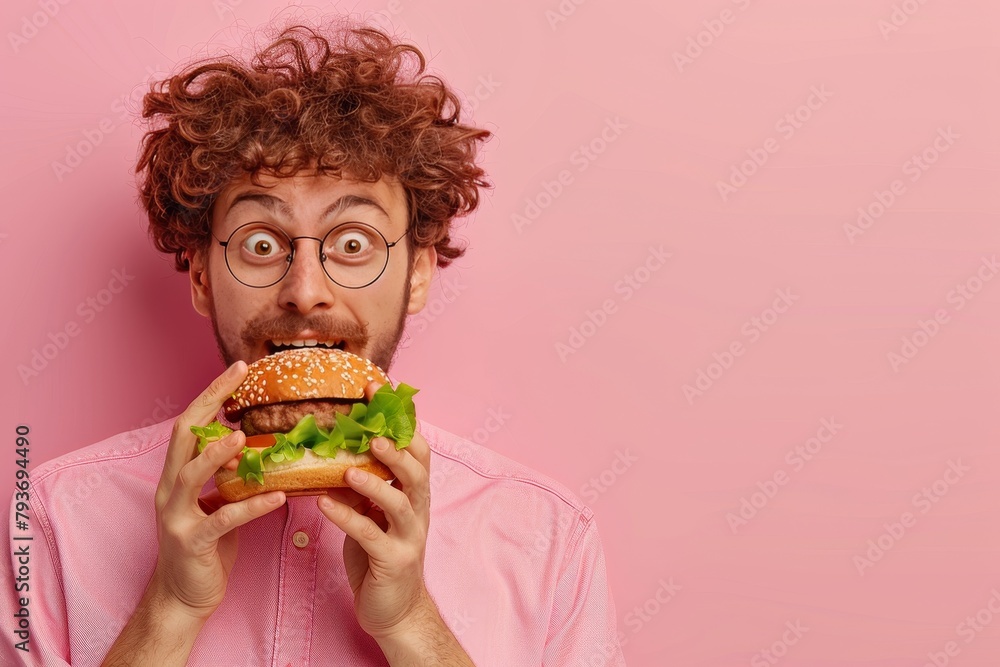 Poster man enjoying tasty burger in portrait against soft pastel background with space for text