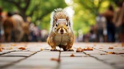 A squirrel sitting on the ground, making eye contact with the camera - Powered by Adobe