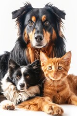 Collection of cats and dogs in studio on white backdrop with copy space, high quality image