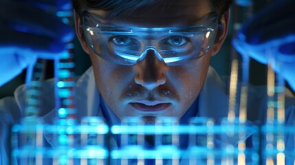 Geneticist in a genomic lab, meticulous, examining DNA sequences, intrigued, styled as sharp, detailed close-up.