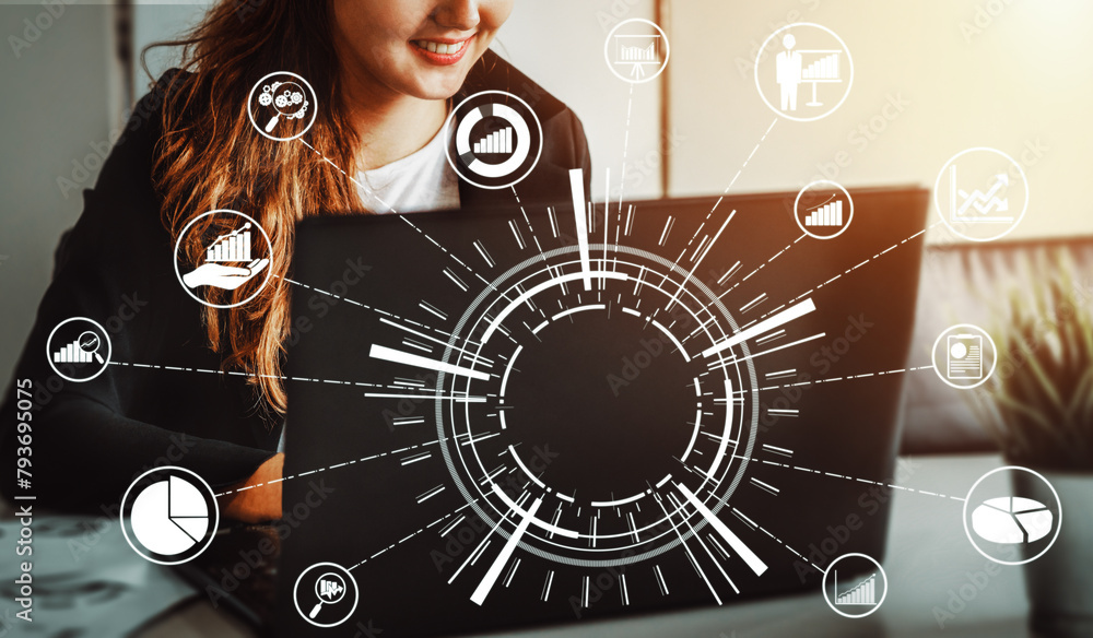 Poster data analysis for business and finance concept. interface showing future computer technology of prof
