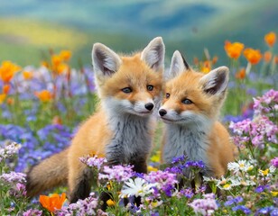 Fototapeta premium Two cute baby foxes in a flowery meadow