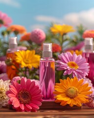 A tall pink spray bottle is placed on a wooden platform surrounded by gerberas and dahlias