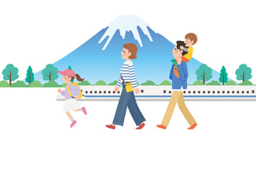 旅行に行く家族　新幹線