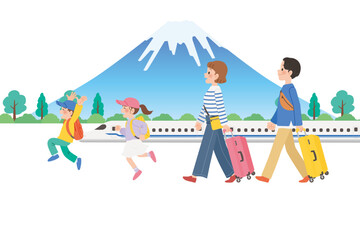 旅行に行く家族　新幹線