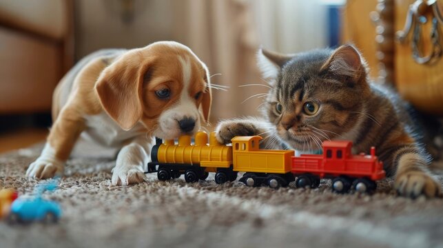 A mischievous Beagle puppy yanks a colorful toy train across the floor, narrowly avoiding the outstretched paw of a grumpy Persian cat Sparks of playful rivalry fly as they vie for control of the trai