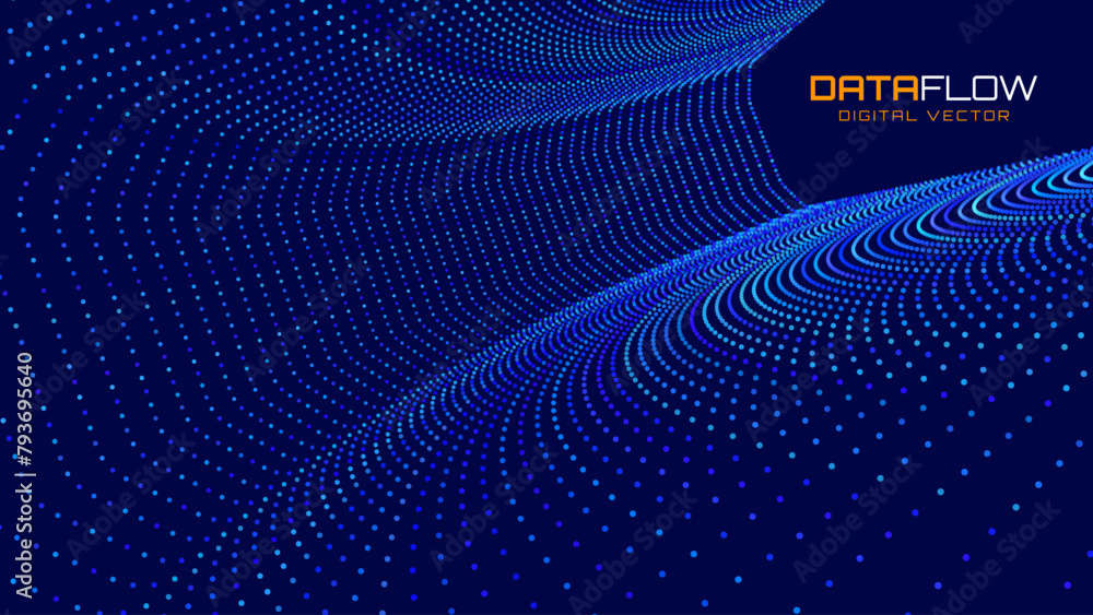 Leinwandbilder Data Flow Particles Blue 3D Grid Tunnel. Grid Frame Retrowave Background. Tunnel Mesh Backdrop. Abstract Digital Background. Vintage Computer Virtual Reality VR Tunnel Technology Vector Illustration.