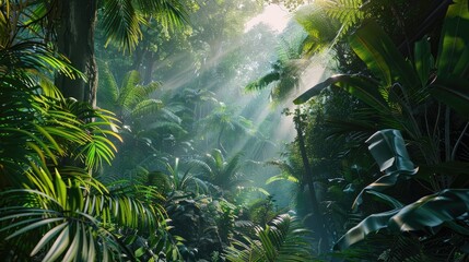 A dense and diverse tropical jungle canopy, alive with the sounds of birds and insects, highlighting the richness of biodiversity in a rainforest ecosystem. - obrazy, fototapety, plakaty