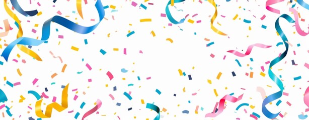 Obraz premium Colorful confetti falling on white background, flat lay