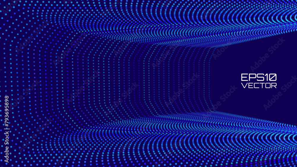Leinwandbilder Data Flow Particles Blue 3D Grid Tunnel. Grid Frame Retrowave Background. Tunnel Mesh Backdrop. Abstract Digital Background. Vintage Computer Virtual Reality VR Tunnel Technology Vector Illustration.