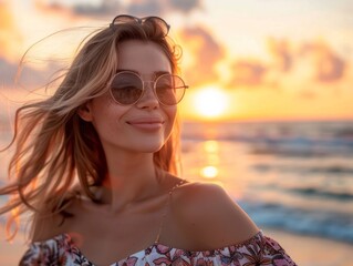 Smiling blonde woman in round sunglasses enjoys the beach with a sunset backdrop