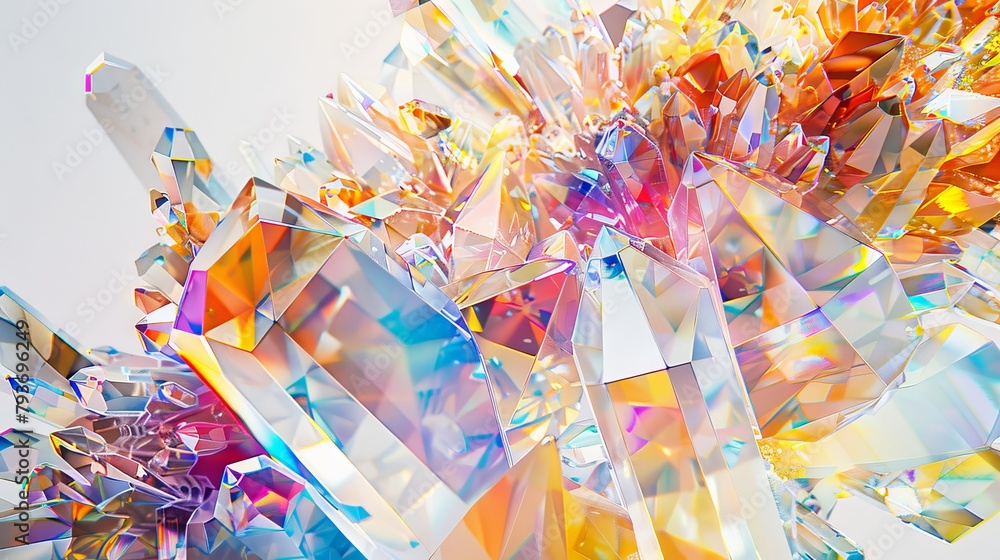 Poster prismatic abstract crystals refracting light in a mesmerizing display of color against a clean white