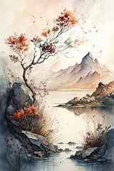 Watercolor painting of a tree with mountains in the background