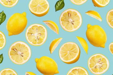 lemon slices seamless pattern on blue background flat lay top view