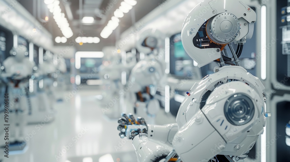 Poster innovative tech workshop - a clean, white workspace with human and ai engineers creating advanced ro