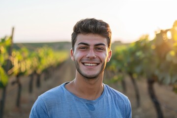 Happy face and nature with a man at sunset, smiling and enjoying freedom in a field of grass. Vacation, morning, and gorgeous young man photo outside