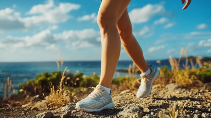 Black lady running, knee discomfort, and legs on promenade, street, or ocean for fitness, speed, or health. Shoes, shoes, and seaside road running for wellbeing, nature, or summer exercise