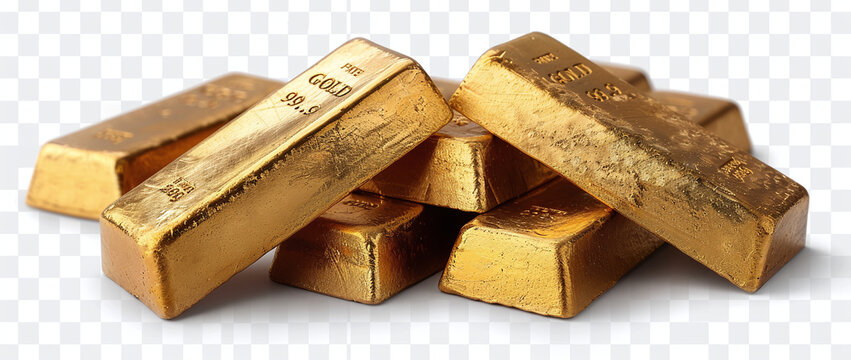 Stack of gold bars with markings indicating high purity, isolated on a white background.