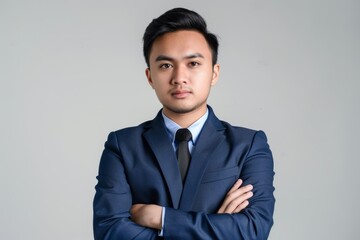 Businessman, arms crossed, studio portrait with serious face, ambition, or mindset on white background. Asian financial advisor, entrepreneur, and corporate fashion suit with style