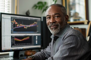 An elderly African American man analyzes financial charts on his computer monitor. Working on the stock exchange, trading.