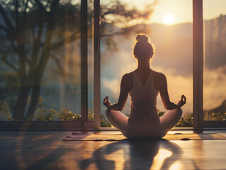 Young woman doing yoga at dawn: Soft dawn light streaming through the window, a woman is doing a...