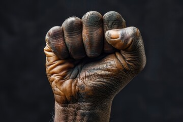 A black african human fist raised up, close-up symbolizing the fight for his rights and freedom