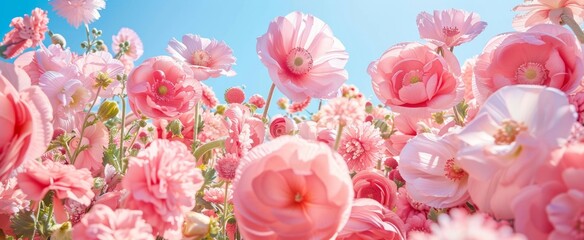 Soft focus view of bright pink flowers in full bloom, bathing in sunlight, giving a feel of warmth and growth