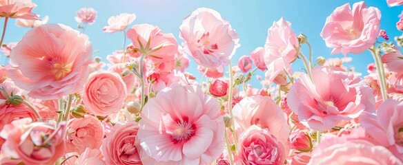 Obraz na płótnie Canvas Vivid, high-resolution image capturing rich pink blossoms contrasted against a bright blue sky backdrop