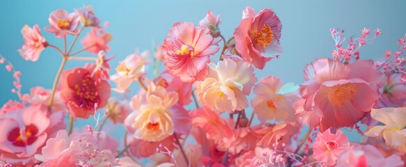 Elegantly composed shot of various shades of pink flowers with selective focus on a pastel blue background